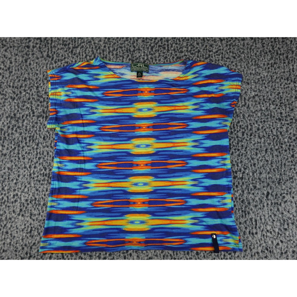 Lauren Active Ralph Lauren Top Womens XL Blue Ikat Geometric Cotton Good Short